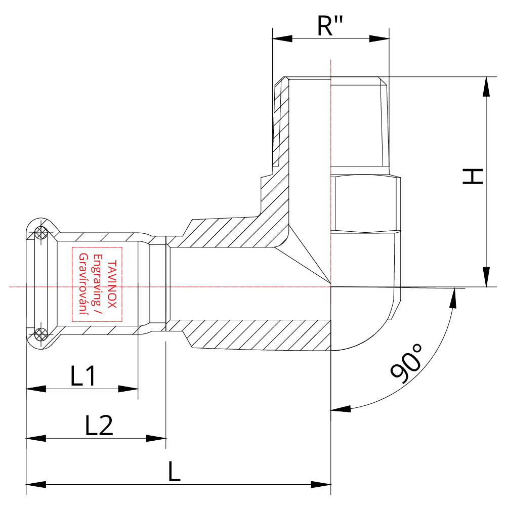 TAVINOX PRESS Koleno 90° — technický nákres
