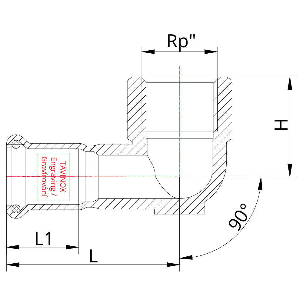 TAVINOX PRESS Koleno 90° — technický nákres