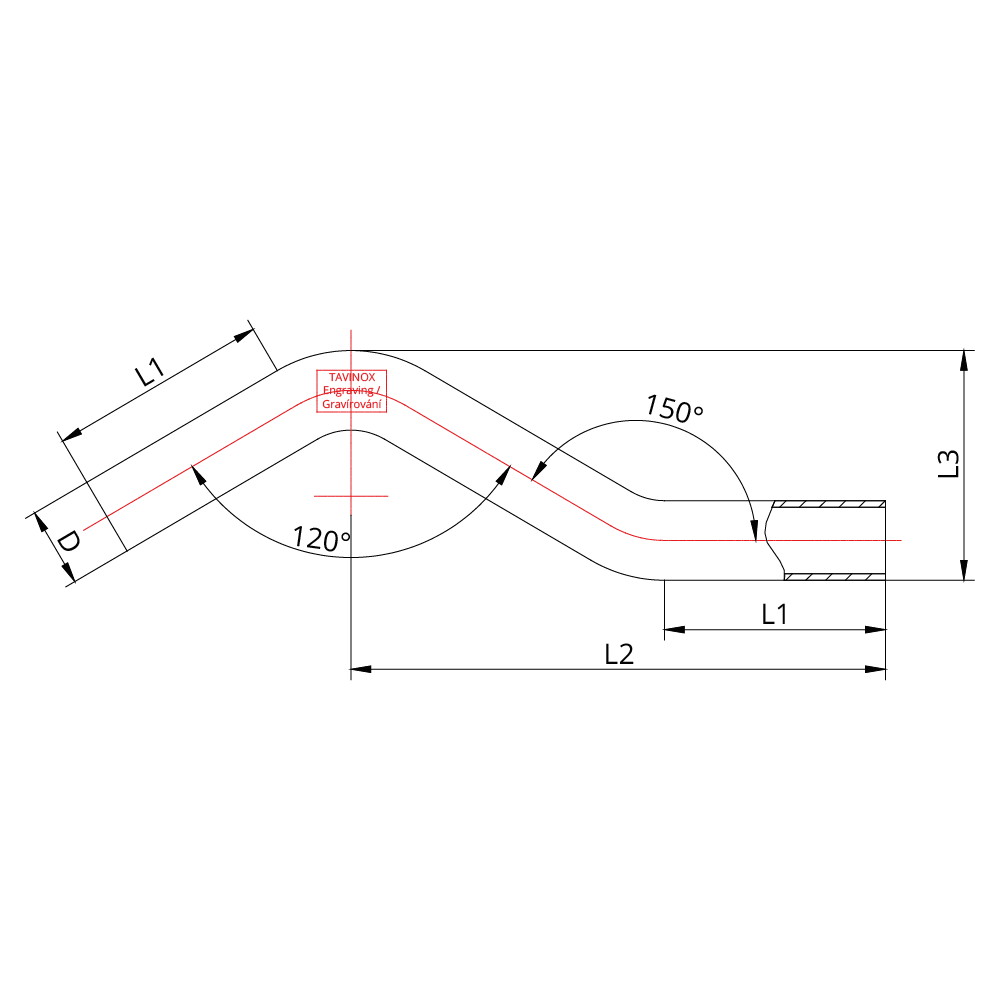 TAVINOX PRESS Křížení 45° (MxM) — technický nákres