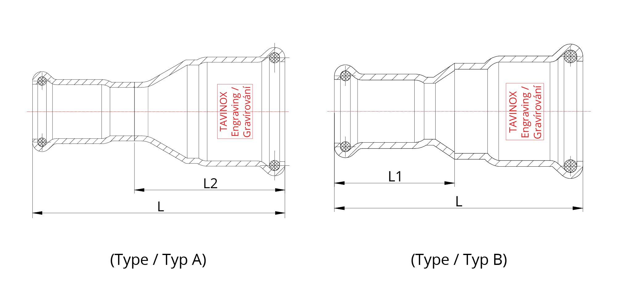 TAVINOX PRESS Redukovaný nátrubek — technický nákres