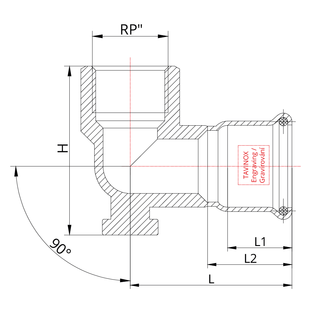 TAVINOX PRESS Oblouk 45° — technický nákres