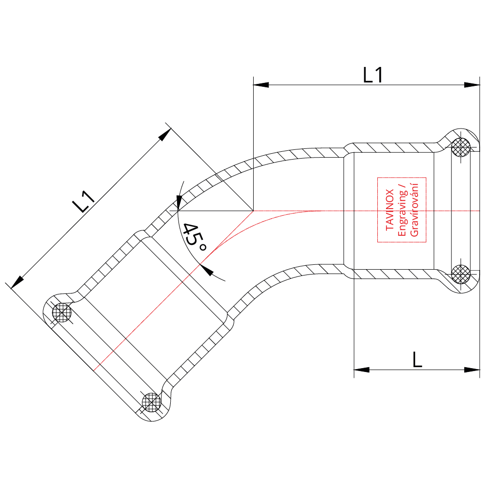 TAVINOX PRESS Oblouk 45° — technický nákres
