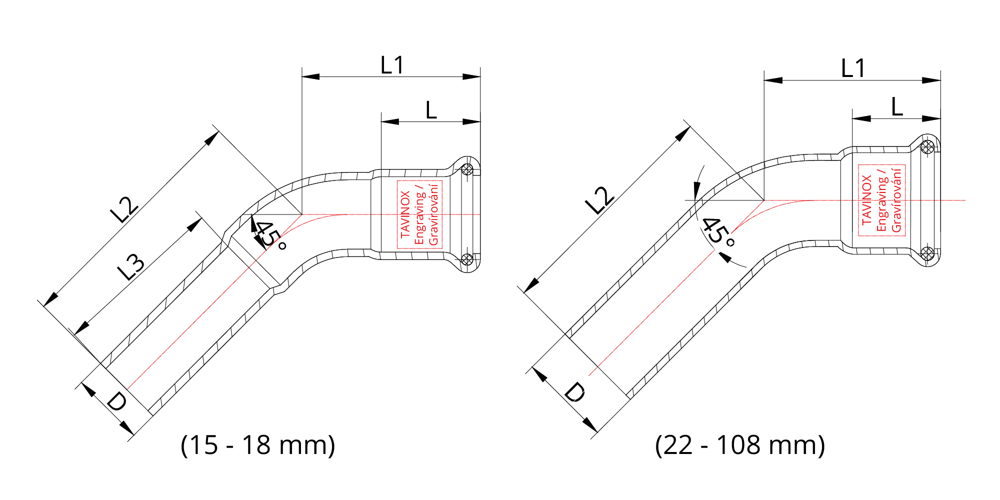TAVINOX PRESS Oblouk 45° (MxF) — technický nákres