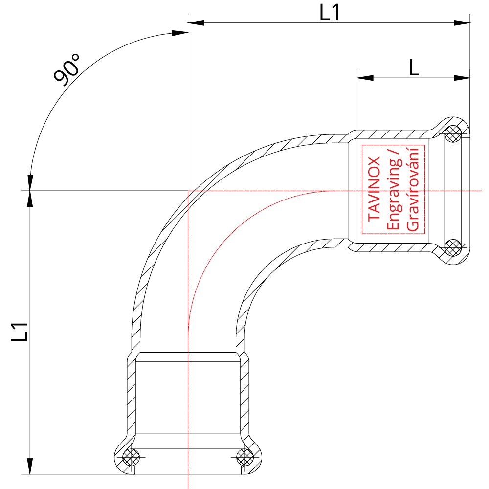 TAVINOX PRESS Oblouk 90° — technický nákres