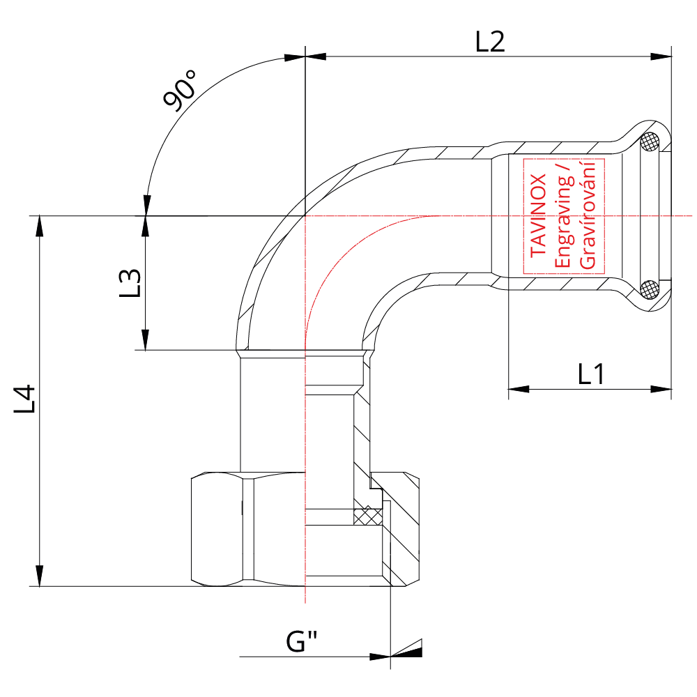 TAVINOX PRESS Přechodový oblouk 90° se šroubením — technický nákres