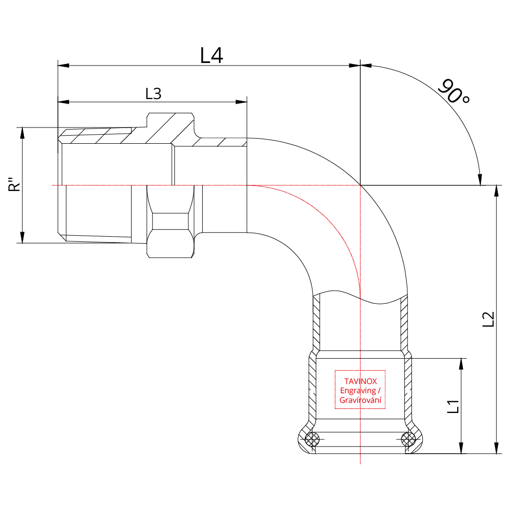 TAVINOX PRESS Přechodový oblouk 90° (FxR) — technický nákres