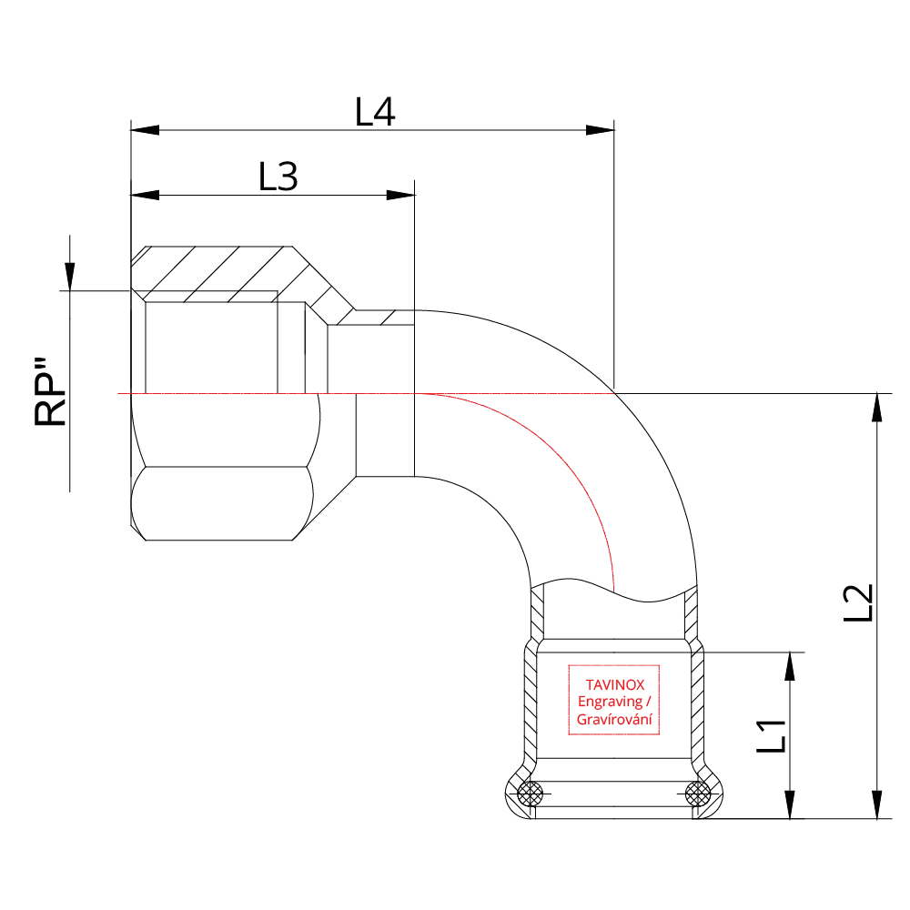 TAVINOX PRESS Přechodový oblouk 90° (FxRp) — technický nákres