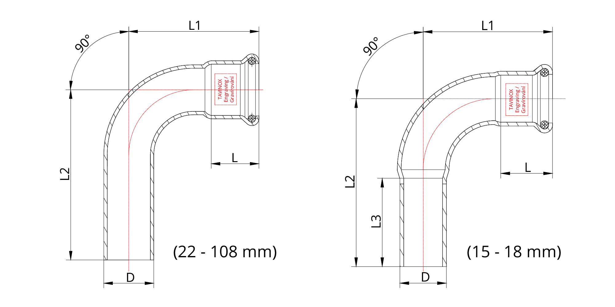 TAVINOX PRESS Oblouk 90° (MxF) — technický nákres