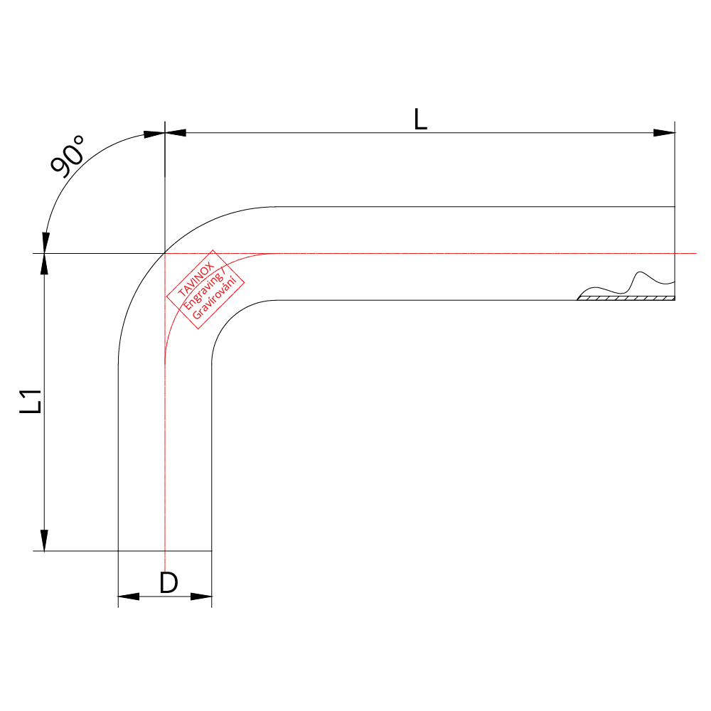 TAVINOX PRESS Lícovaný oblouk 90° (MxM) — technický nákres