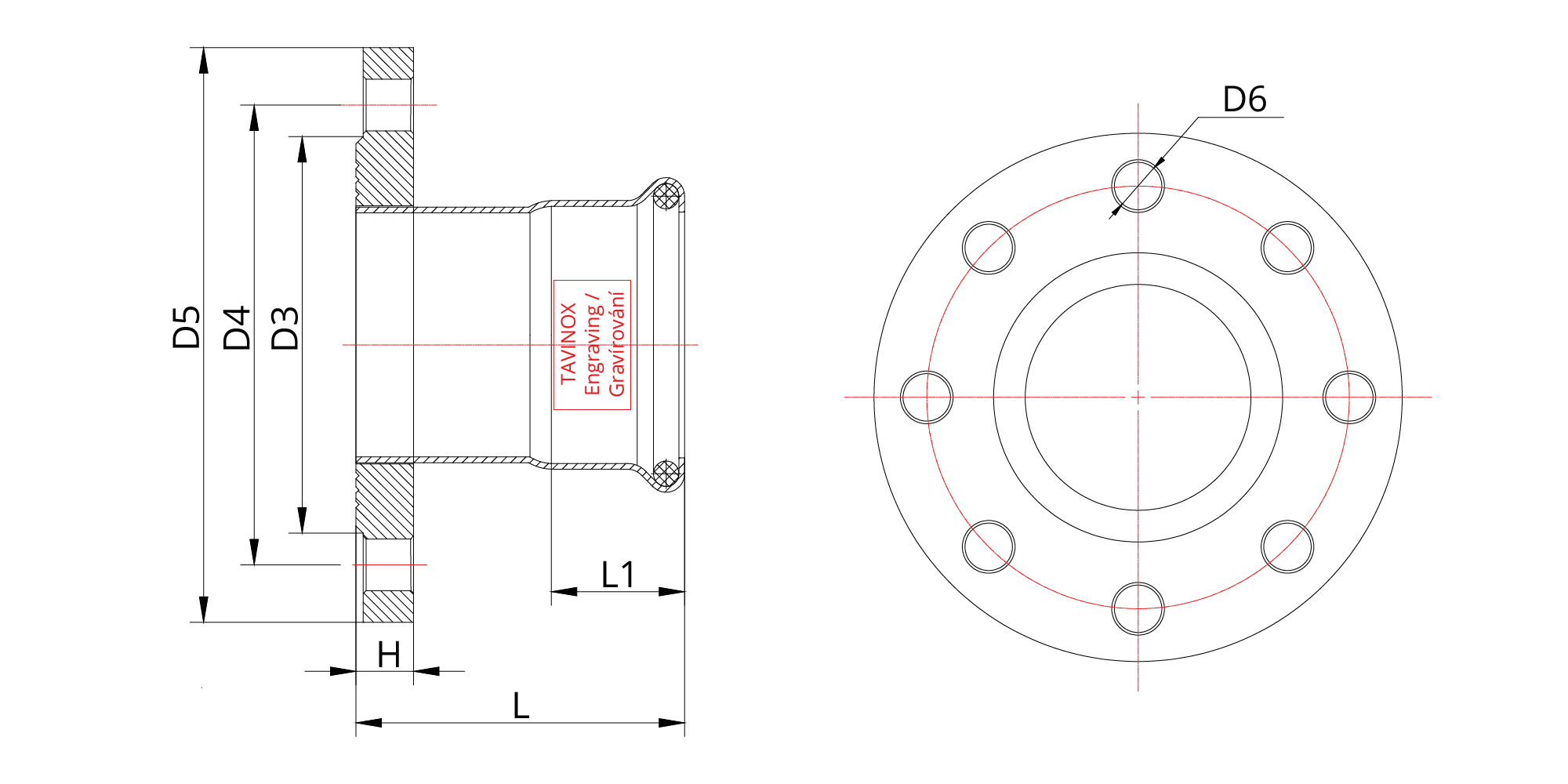 TAVINOX PRESS Příruba PN16 — technický nákres