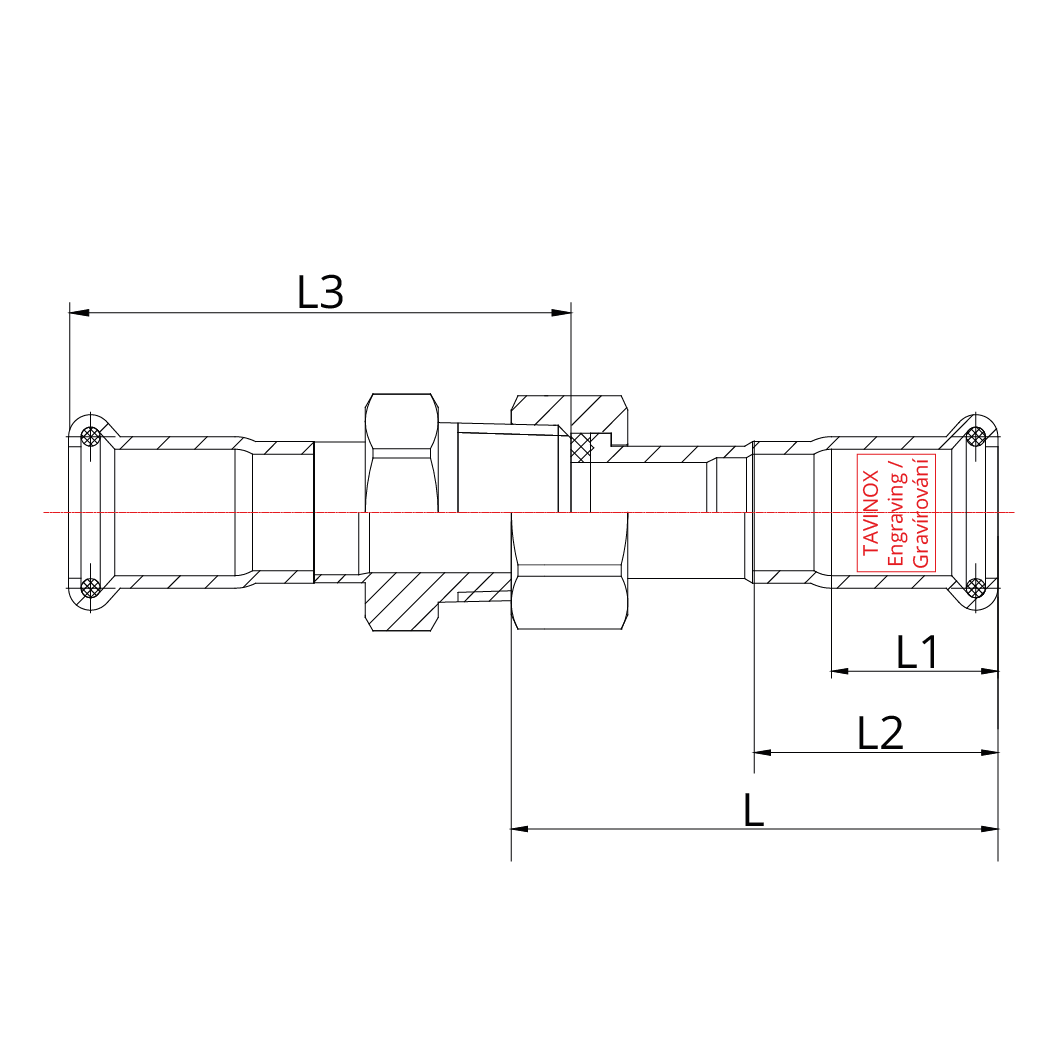 TAVINOX PRESS Přechodový oblouk 90° se šroubením — technický nákres