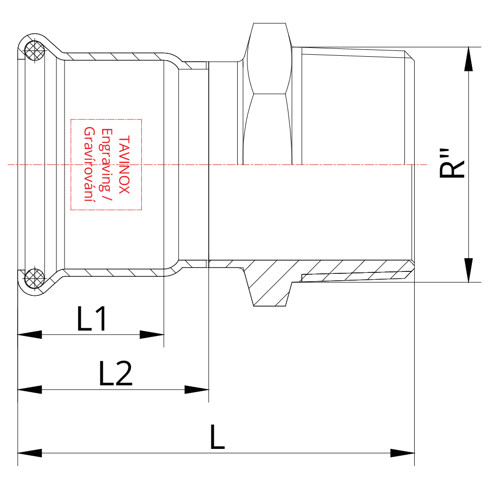 TAVINOX PRESS Oblouk 45° — technický nákres