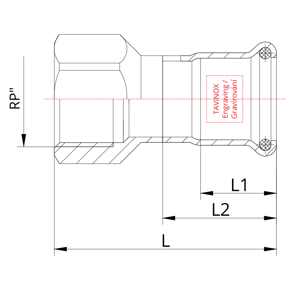 TAVINOX PRESS Oblouk 45° — technický nákres