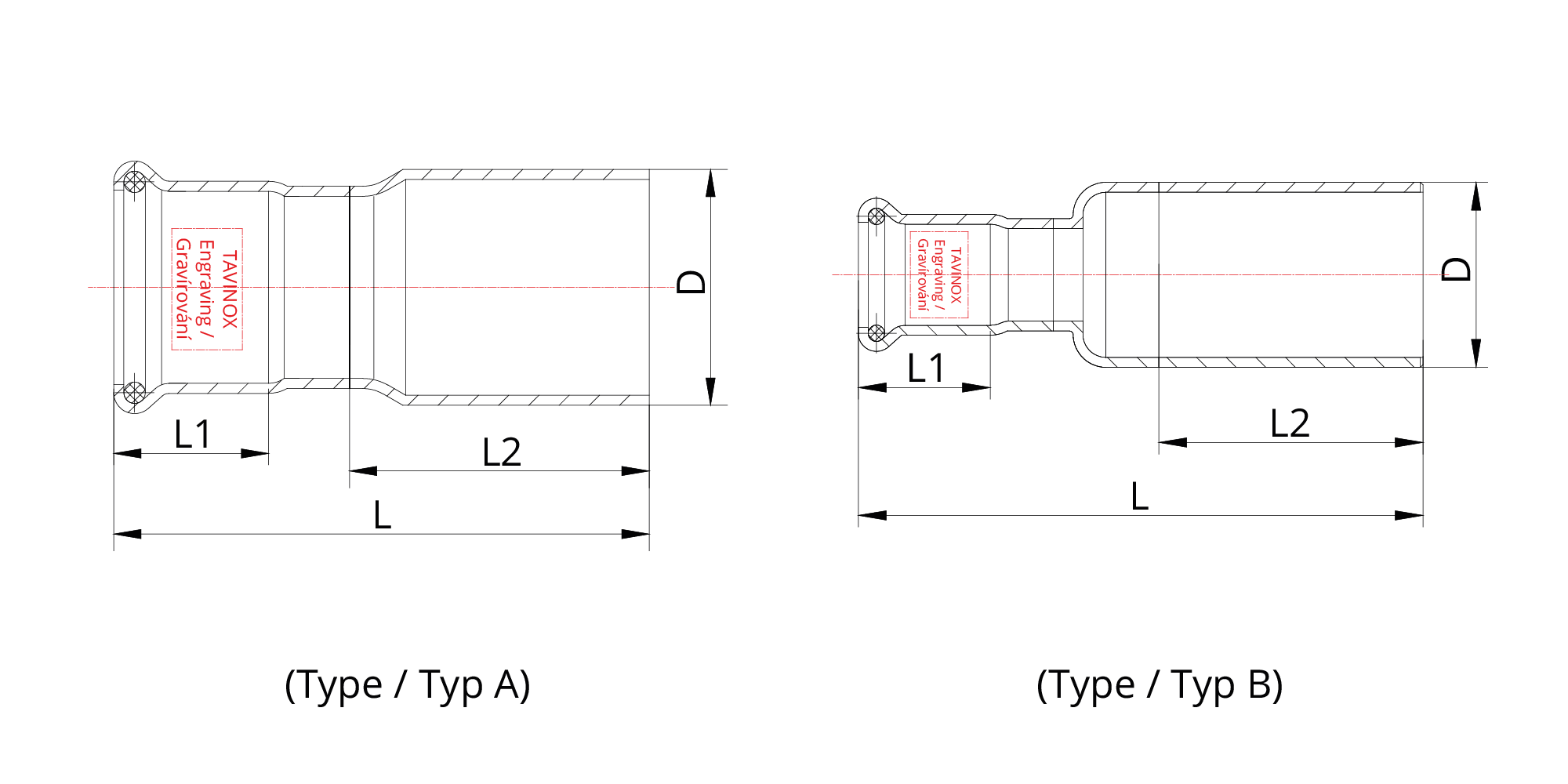 TAVINOX PRESS Oblouk 45° — technický nákres