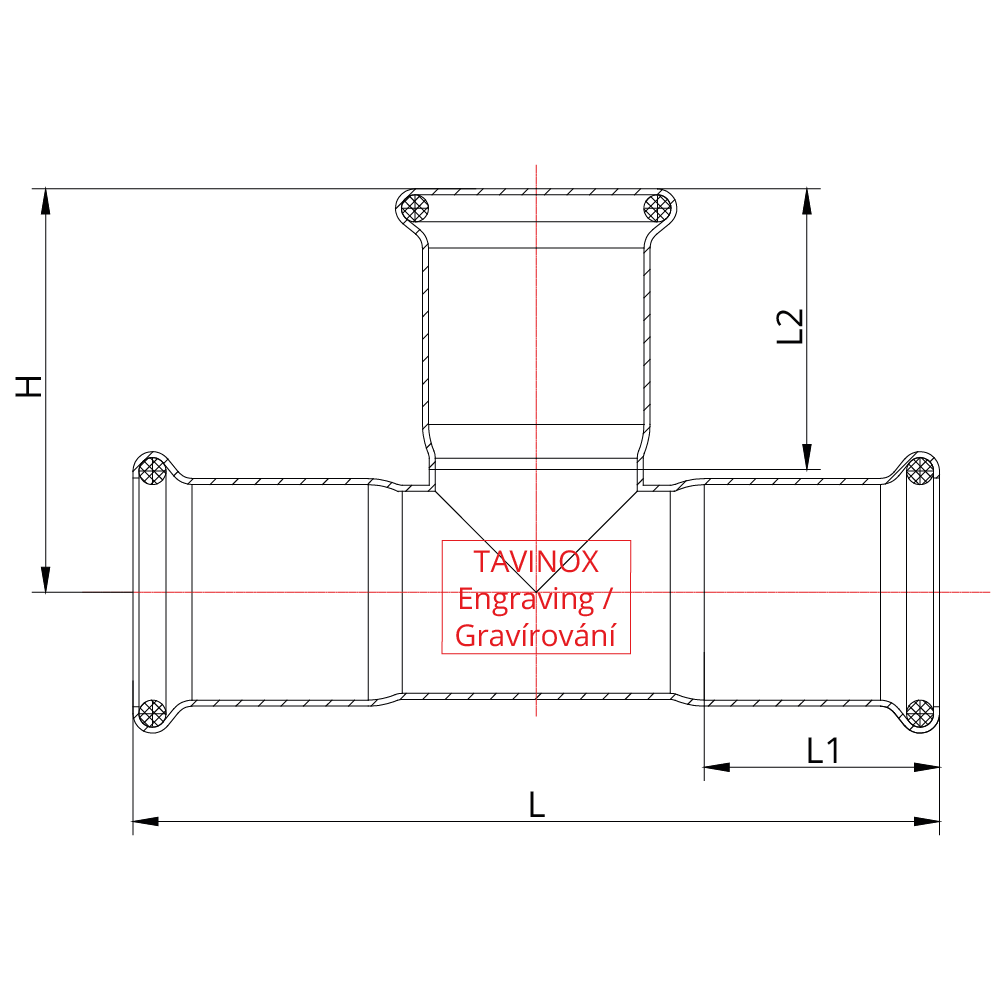 TAVINOX PRESS T-kus (FxFxF) — technický nákres
