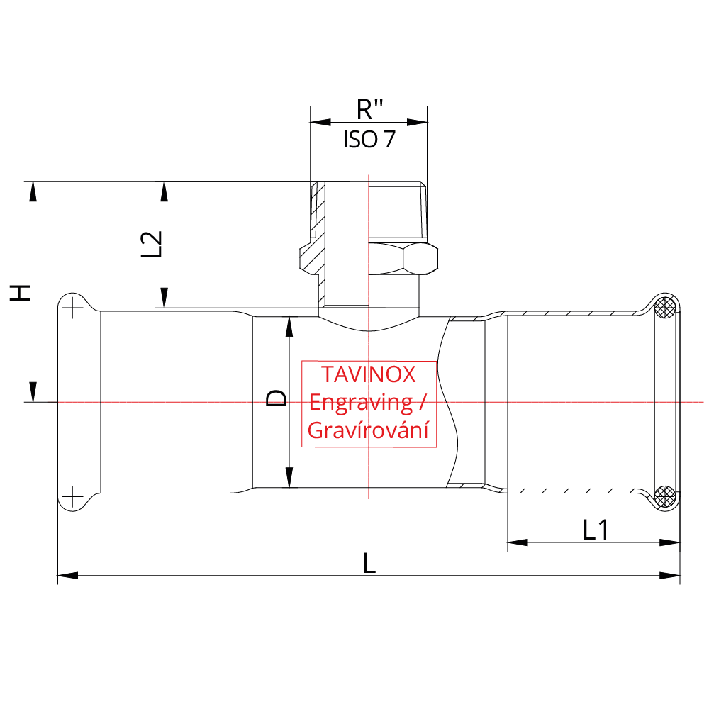 TAVINOX PRESS T-kus s vnějším závitem (FxRxF) — technický nákres