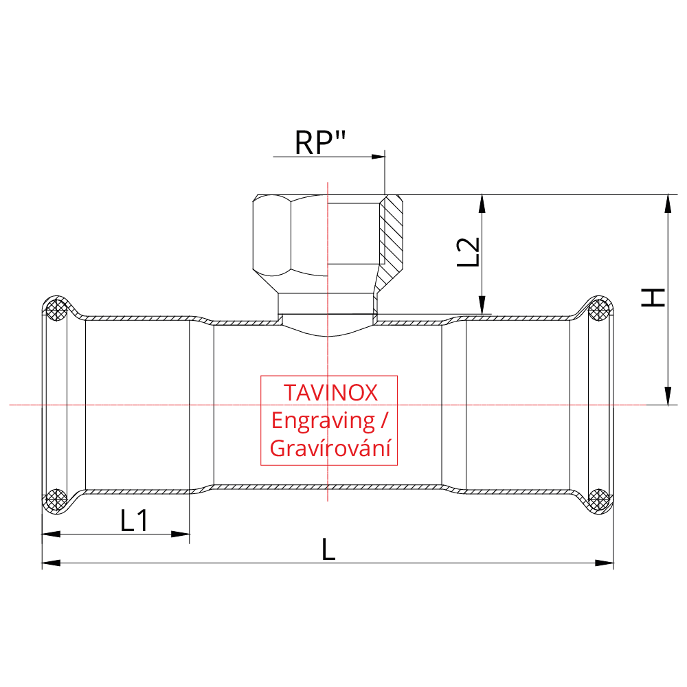 TAVINOX PRESS T-kus s vnitřním závitem (FxRpxF) — technický nákres
