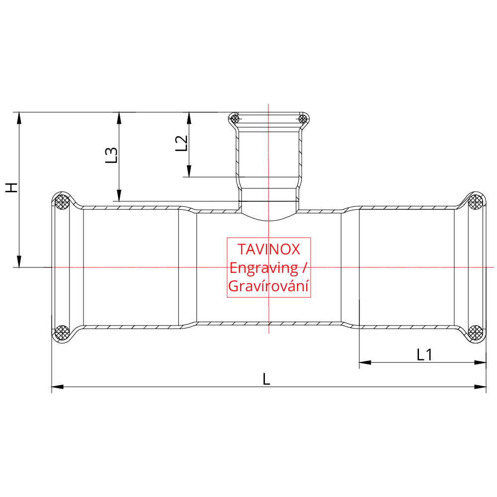TAVINOX PRESS Redukovaný T-kus (FxFxF) — technický nákres