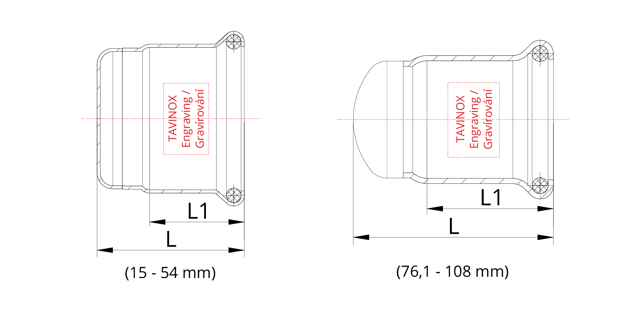 TAVINOX PRESS Oblouk 45° — technický nákres